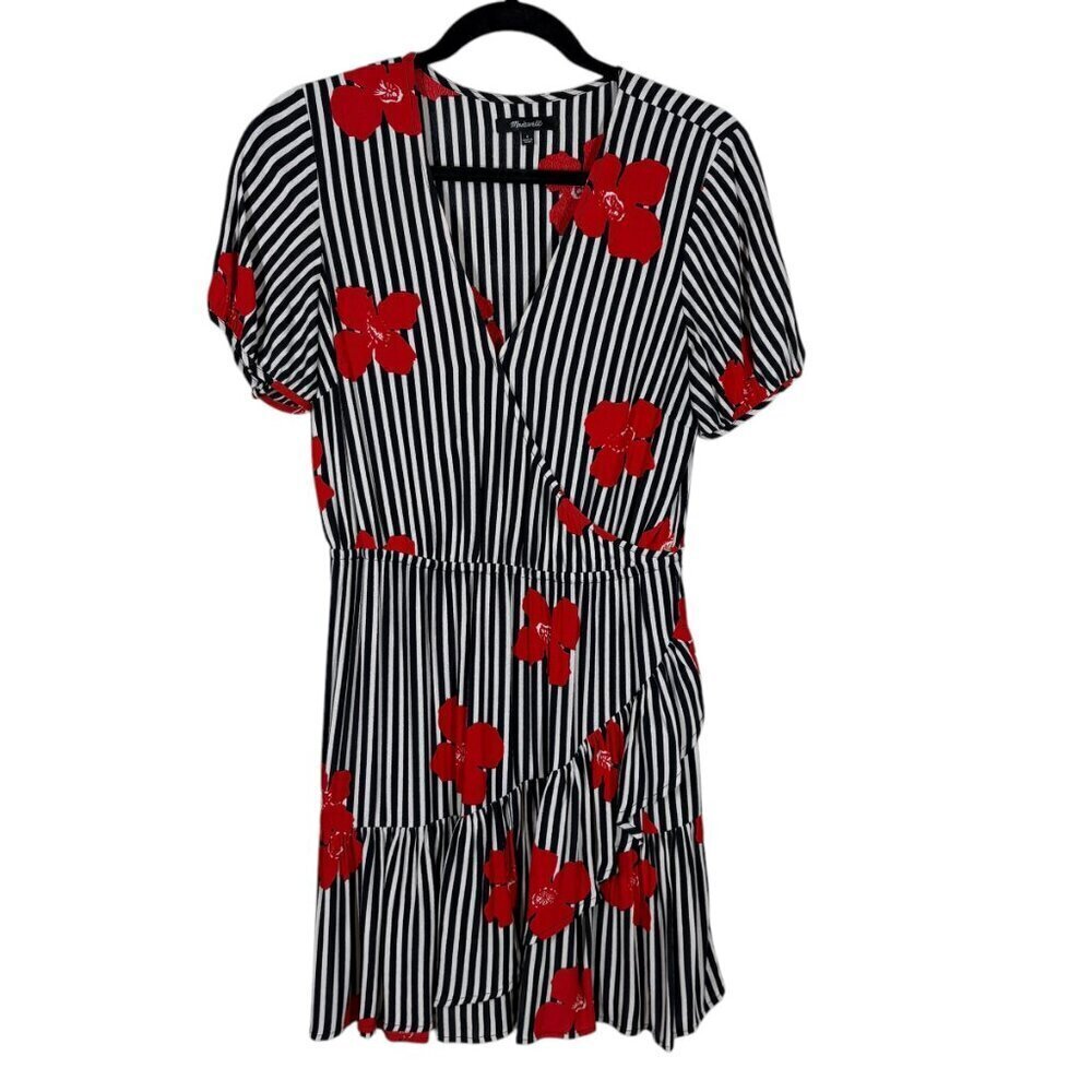 Madewell Black & White Striped Floral Ruffle Mini Dress Women's Size 2
